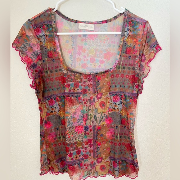 NATURAL LIFE Tops - Pink Multi Floral Scoop Neck Sheer Mesh Patchwork Top